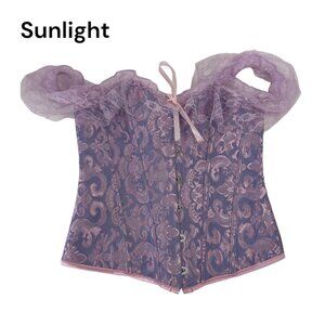 FASHIONS Purple Lace Jacquard Corset Top SZ S With Off-Shoulder Ruffle Sleeves